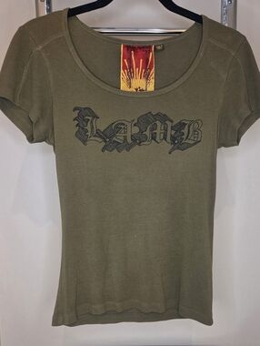 L.A.M.B. by Gwen Stefani Olive Scoop Neck Logo Tee Shirt Top